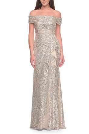 La Femme Off the Shoulder Sequin Gown with Ruching in Silver at Nordstrom, Size 16