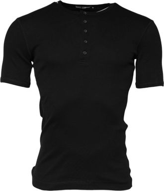 Dolce & Gabbana Black Cotton Knit Crew Neck Henley Mens T-shirt