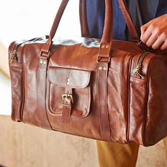 Paper High Brown Leather Holdall with Zipped Pockets | Size: Large