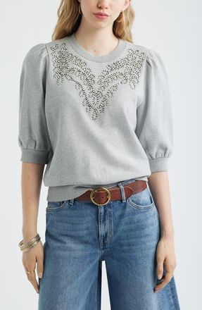 Treasure & Bond Embroidered Puff Sleeve Sweatshirt in Grey Heather Embroidery at Nordstrom, Size Xx-Small