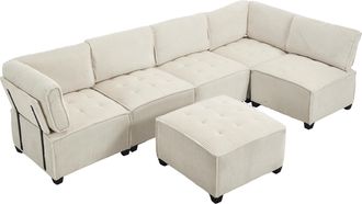 STILVORA Sof&aacute; Modular 6 Plazas En Terciopelo Acanalado Con Brazo, Respaldo Ergon&oacute;mico Y Bolsillos Laterales, Beige
