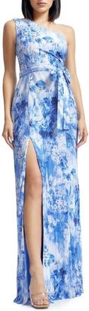 Dress The Population Bella Floral Plissé One-Shoulder Gown in Cerulean Blue Multi at Nordstrom, Size Xx-Large