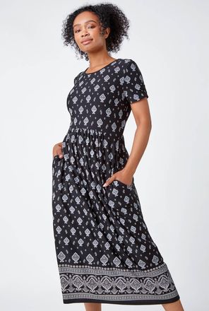 Roman Border Print Stretch Midi Dress
