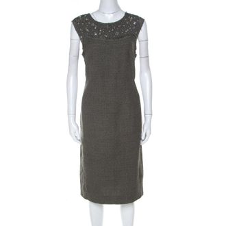 Escada Olive Green Tweed Embellished Delrose Sleeveless Dress