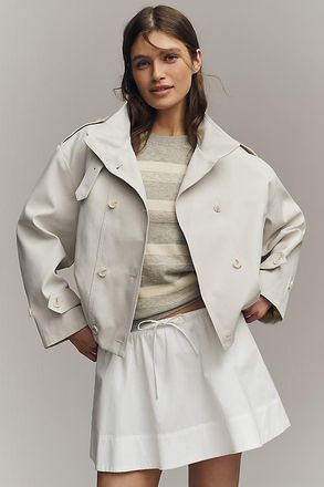 Maeve Retta Funnel Neck Double Breasted Short Trench Coat Jacket
