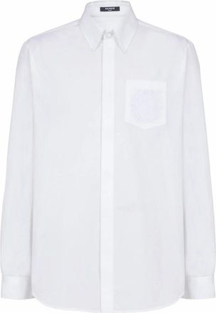 Balmain Geborduurd popeline overhemd - Heren - Zakelijke Overhemden - Wit - XL - Katoen - Overhemden