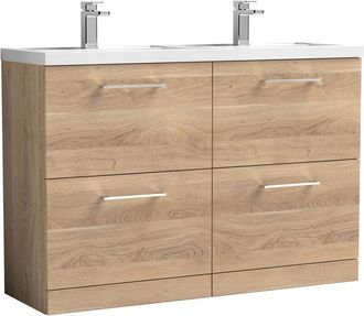 Nuie Nuie - Arno Floor Standing 4-Drawer Vanity Unit with Double Polymarble Basin 1200mm Wide - Bleached Oak