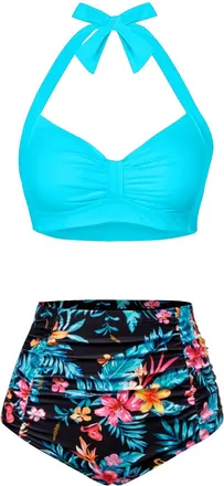 Holipick Women High Waisted Bikini Set Two Piece Swimsuit Tummy Control Bathing Suit Vintage Halter Swimwear, Blue With Floral, XL