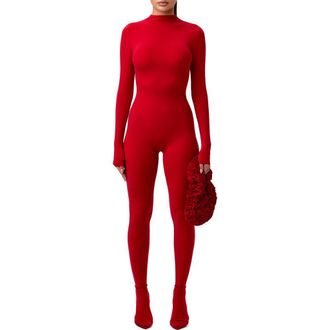 Naked Wardrobe Long Sleeve Closed Toe Jumpsuit in Red at Nordstrom, Size Small