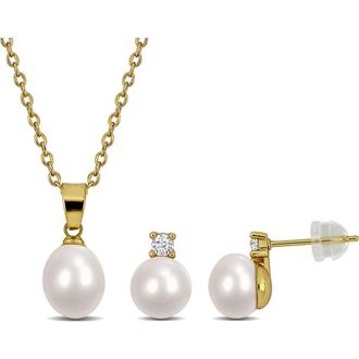 Delmar Cultured Pearl & Cubic Zirconia Pendant Necklace & Stud Earrings in Gold at Nordstrom Rack