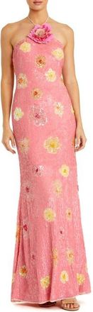 Mac Duggal Halter Neck Floral Embellished Mesh Gown in Pink Lemonade at Nordstrom, Size 10