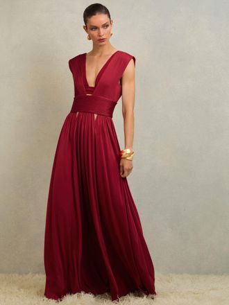 Reiss Jasmine Atelier Red Cut-out Pleated Maxi Dress, 14, Dark Red
