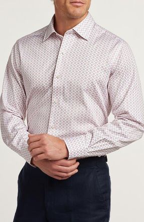 David Donahue Neat Print Sport Shirt in White/Coral at Nordstrom, Size Xx-Large