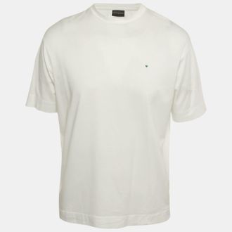 Emporio Armani White Logo Embroidered Cotton Crewneck T-Shirt