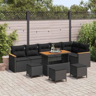 vidaXL Vidaxl - Conjunto De Sof&aacute; De Jard&iacute;n Con Coj&iacute;n 10 Pcs Negro Polirat&aacute;n