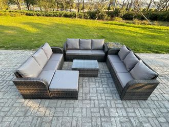 Fimous Rattan Lounge Sofa Set Outdoor Garden Furniture Set with Rectangular Coffee Table 3 Seater Sofa Big Footstool Side Table in Dark Grey