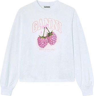 Ganni T-shirt met lange mouwen met frambozen - Dames - Longsleeves - Wit - S - Katoen - Tops