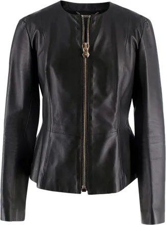 Philipp Plein Fitted Peplum Leather Jacket with Skull Appliqu&eacute; Size M