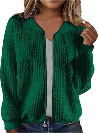 Generic Womens Zip Up Cardigan Knitted Long Sleeve Knitwear Jackets Casual Elegant Plain V Neck Copped Cable Knit Cardigan Ladies Winter Autumn Comfy Thermal 