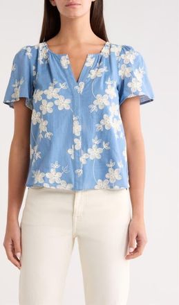 Sugarlips Keren Embroidered Split neck Top in Blue White at Nordstrom, Size X-Small