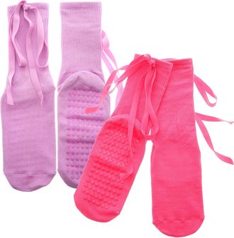 Supvox 2 Pairs Non Slip Yoga Socks for Women with Straps Calf Length Pilates Exercise Socks Comfortable Grip for Dance & Rose
