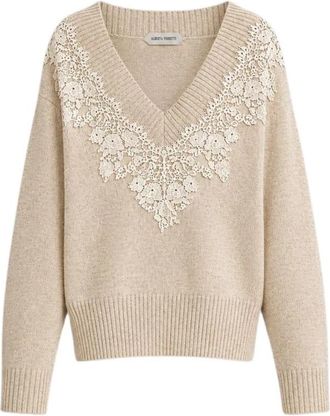 Alberta Ferretti Cashmere V-neck Trui met Kantinzetting - Dames - Cashmere truien - Beige - XL - Wol - Truien & Vesten