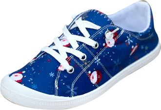 Generic Fashion Autumn Winter Women Casual Flat Shoes Round Toe Lace Up Comfort Non Slip Sole Christmas Holiday Print Design Daily Walking Footwear (Blue, 4.5