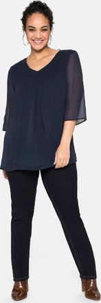 Sheego Chiffonbluse SHEEGO, Damen, Gr. 40, blau (marine), 100% Polyester, unifarben, V-Ausschnitt, Blusen Chiffonbluse