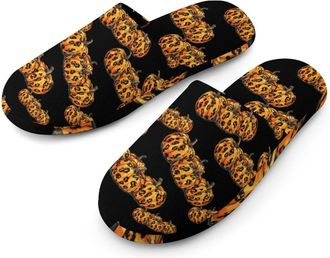Generic Leopard Print Pumpkins Flannel Mens Slip-on Slippers Winter Warm House Shoes with Rubber Sole for Home Hotel