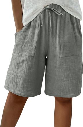 Generic Linen Shorts for Women UK Summer Knee Length Bermuda Shorts Baggy Straight Wide Leg Ladies Short Pants Casual Drawstring Beach Tracksuit Bottoms with 