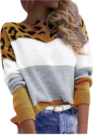 Generic Cocila Womens Crew Neck Oversize Sweater Ladies Autumn and Winter Tops, Casual Fashion Leopard Print Color Long-Sleeved Sweater Pullover Loose Top Lad