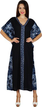 Bimba Womens Long Maxi Cotton Kaftan Elastic Back Waist Designer Caftan Coverup Black