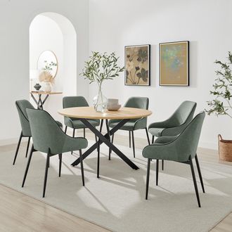 Furniturebox Novara 120cm Oak Effect Dining Table & 6 Beaumont Green Fabric Chairs