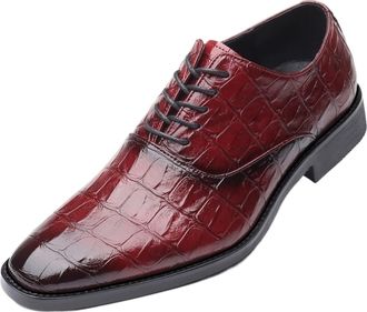 Generic Dress Oxford Formal Shoes for Men Lace Up Burnished Toe Crocodile Print Shoes PU Leather Block Heel Rubber Sole Resistant Non Slip Anti-Slip Party(Red
