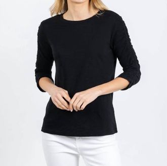 Elliott Lauren Crissy Crew Neck Ruched Sleeve Tee In Black