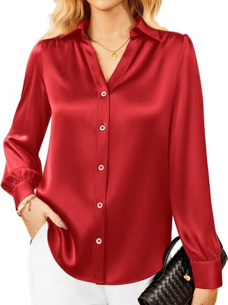 Grace Karin Womens Satin Blouse Long Sleeve Silk Shirts Regular Fit Button Down Blouse Office Business Casual Ladies Tops Red S