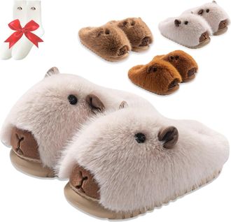 Generic Capybara Slippers, Fuzzy Animal Warm Anti-Slip Capybara Shoes Men Women Non-Slip Indoor Use (White, M, Adult, Women, 5, Numeric Range, UK Footwear Siz