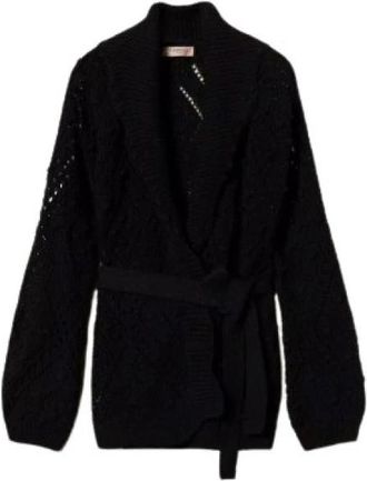 Twinset Gebreid open vest met ceintuur - Dames - Vesten - Zwart - M - Katoen - Truien & Vesten