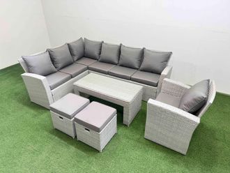 Fimous Outdoor 9 Seater Corner Sofa Sets with Chair 2 Small Stools Light Grey