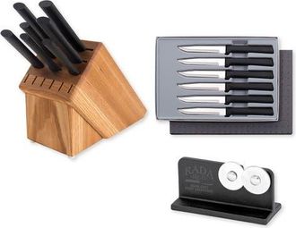 Rada Essential Oak 8 Piece Knife Block Set with Knife Sharpener & 6 Piece Serrated Steak Knife Set, Silver Handles in Black at Nordstrom