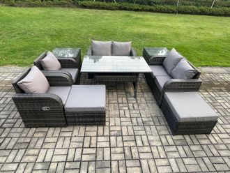 Fimous Outdoor Rattan Garden Furniture 9 piece Grey Patio Furniture Set 8 Seater Lounge Sofa Set with Rectangular Table in Dark Grey
