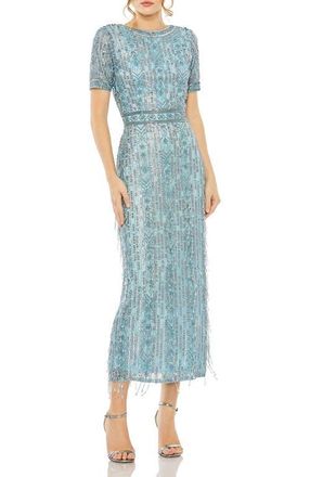 Mac Duggal Womens High Neck Short Sleeve Crystal Fringe Column Dress in French Blue at Nordstrom, Size 10