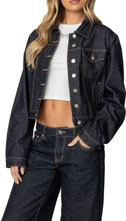 Edikted Barb Crop Denim Trucker Jacket in Indigo-Blue-Raw-Wash at Nordstrom, Size X-Small