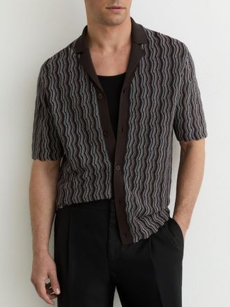 Reiss Brown Wavy-stripe Cuban-collar Knit Shirt, Xxl