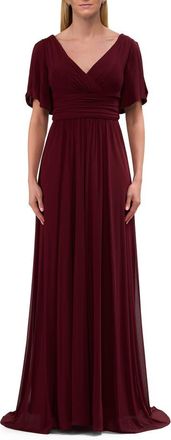 La Femme Flattering Net Jersey Long Dress with Ruffle Sleeve in Wine at Nordstrom, Size 8