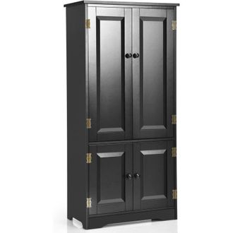 Costway Armario Vertical Madera, Organizador De Doble Puerta Con Repisa Regulable Y Dispositivo Antivuelco (negro) - Costway