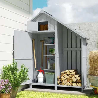 OUTSUNNY Fir Garden Storage Shed With Shelves Log Rack, For Garden Tools in Grey