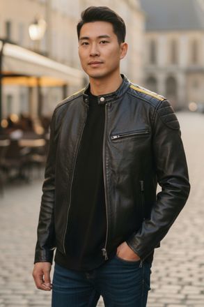 Infinity Leather Mens Black Quilted Yellow Strip Leather Biker Jacket - Rider