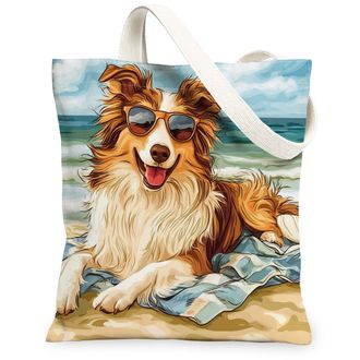 Generic Summer Shih Tzu Dog Canvas Tote Bag for Shopping 13x15, Watercolor Beach Coastal Puppy Reusable Grocery Print Bag for Women, Beachy Pet Beach Aestheti