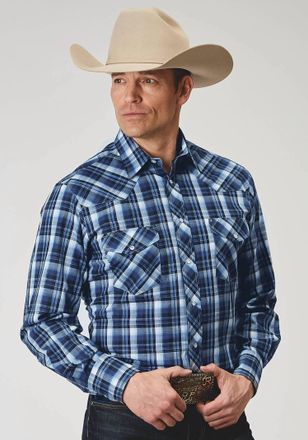 Roper Mens Plaid Long Sleeve Snap Western Shirt In Midnight